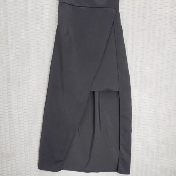 Black Asymmetrical One Shoulder Dress-Bow-Overlay-Mini with a Slit Midi Hem-Sz S - Picture 3 of 14